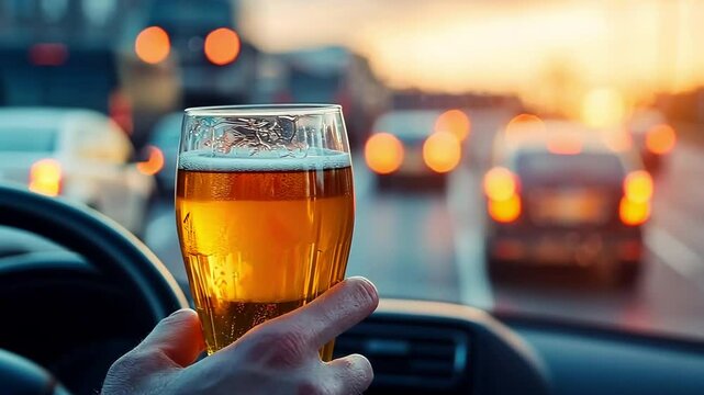 A drunk driver was stopped by the police.  A drunk driver who is sipping beer.  Driving while intoxicated