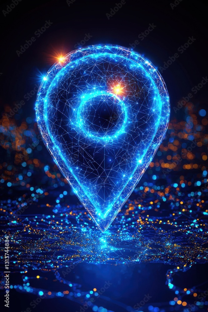 Poster abstract glowing map pin design with digital network connectivity