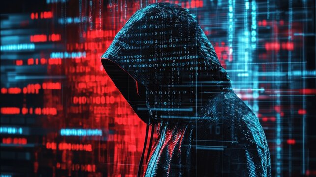 Double exposure image of a hacker in a hoodie overlayed with lines of code and binary data
