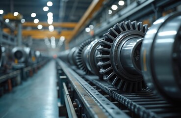 Aerospace manufacturing plant airplane engine turbines production line. Close-up of aviation jet engine parts on assembly line. Aircraft check, repair, maintenance. Innovation in mechanical