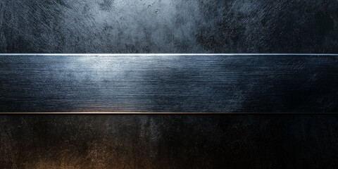 A brushed metal surface with a dark industrial finish and a horizontal steel strip. The texture adds a rugged yet modern aesthetic, perfect for backgrounds.