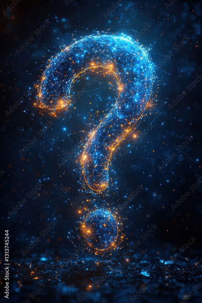 Poster glowing question mark composed of illuminated digital connections in a dark background