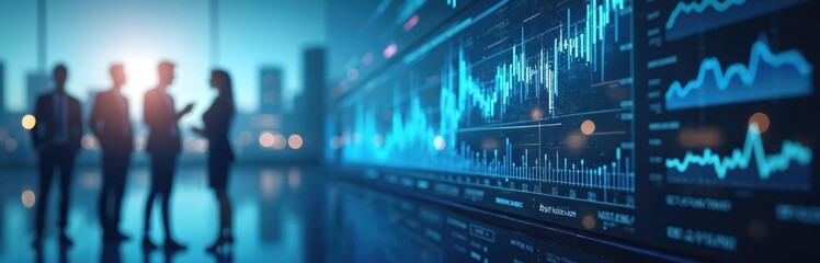 Silhouettes of business team stand near screen with financial data. Stock market charts show company strong performance, investor trust, long term growth. Finance, tech concept. Stock exchange