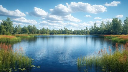 Calm lake, summer sky, forest reflection, idyllic scene, nature tourism