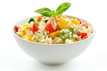 Healthy vibrant rice salad with fresh vegetables in a bowl on white background for stock photo bright food photography