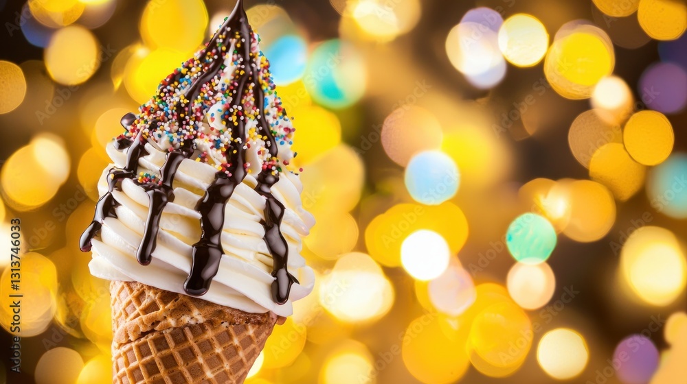 Poster captivating close up of a delicious soft serve ice cream cone with chocolate syrup against festive b