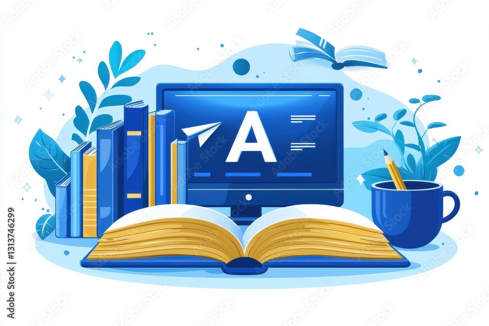 Poster illustration of an online learning environment with books and open textbook