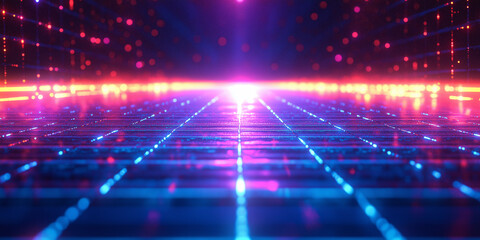 A glowing neon digital grid extending into the horizon, creating a retro-futuristic cyberpunk aesthetic with vibrant pink and blue light reflections.