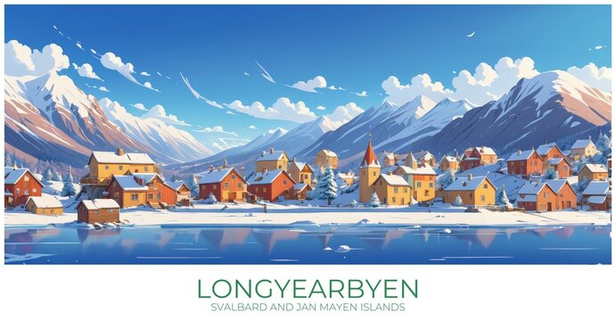 Longyearbyen Svalbard and jan mayen islands Travel Poster Flat Illustration Print Decor Gift Canvas Wall Art