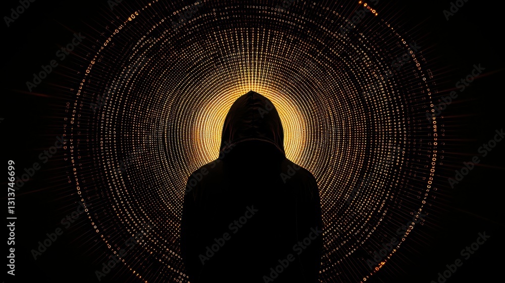 Poster silhouette of a hooded figure and encrypted code, digital security threats and hacking concepts