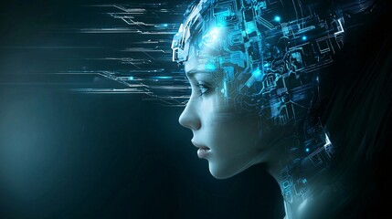 A portrait of a sci-fi android with glowing blue circuits, digital painting