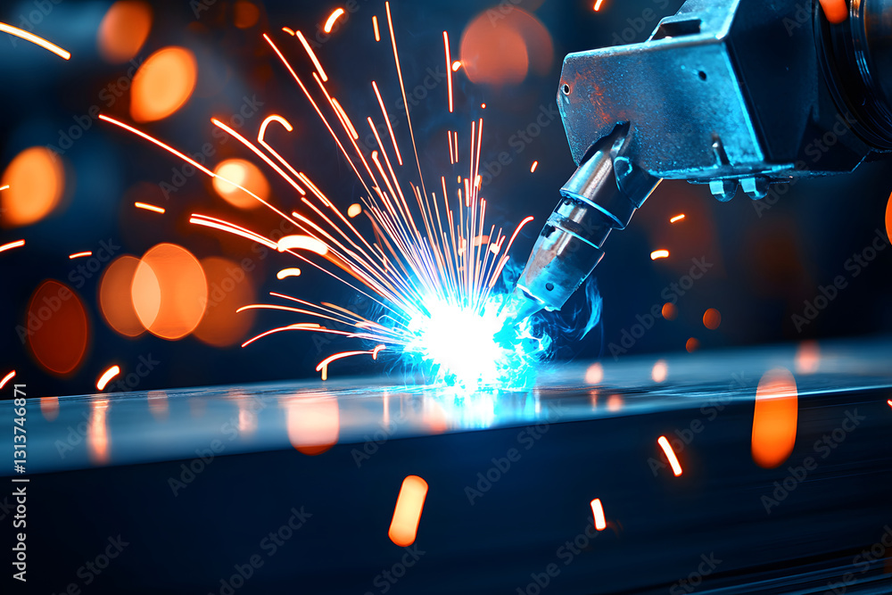 Poster industrial robot working on factory assembly line, 3d rendering of smart industrial robotic arm for 