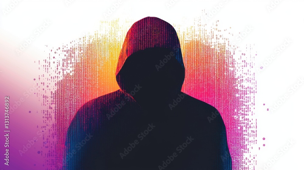 Poster silhouette of a hooded figure and encrypted code, digital security threats and hacking concepts