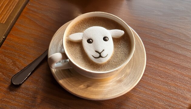 Coffee Shop Style Lamb. Latte art with lamb foam, elegant porcelain. Chic, cozy, Easter coffee design