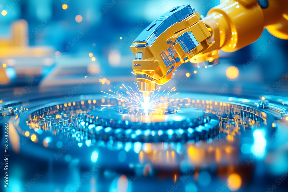 Poster industrial robot working on factory assembly line, 3d rendering of smart industrial robotic arm for 