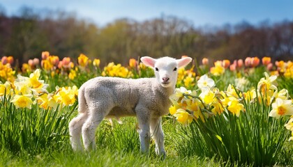 Obraz premium Lamb in Flower Meadow. Spring landscape with lamb on background of blooming daffodils. Pastoral, idyllic, spring scenery