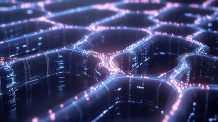 Fototapeta premium Abstract AI neural network processing information, deep learning technology represented by glowing circuits and 3D digital structures