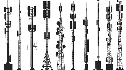 A collection of various types of communication towers, illustrating their design and structure.