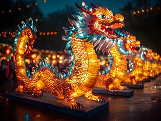 Obraz premium Glowing Dragon shaped Lanterns Winding Through Festive Crowd at Enchanting Lantern Festival