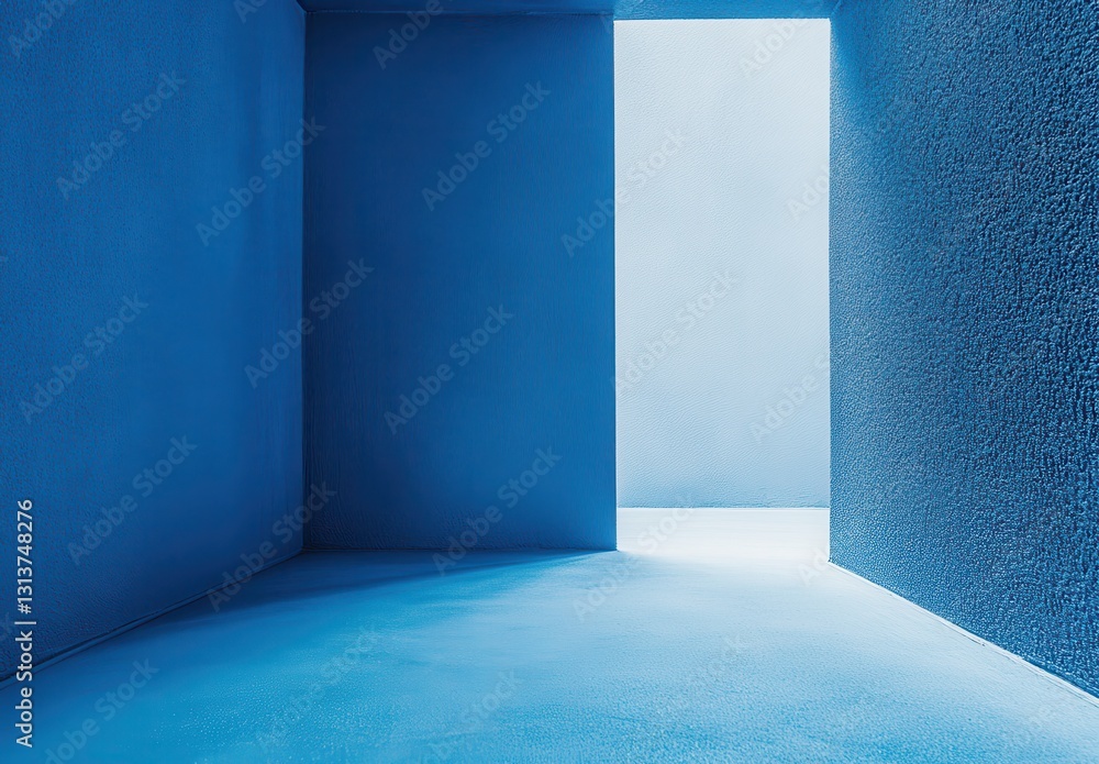 Poster tranquil blue interior space with open doorway illuminated by soft light for minimalist design and c