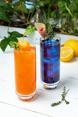 Soft drinks in glasses, cafe, lunch