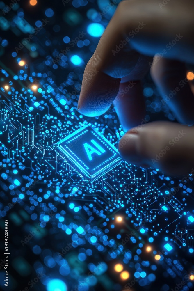 Poster hand interacting with illuminated ai chip on a circuit board