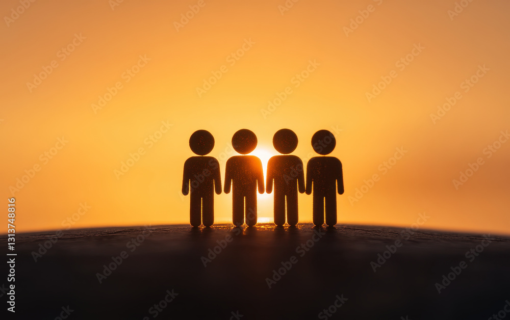 Poster silhouette of four paper figures standing against vibrant sunset, creating warm and serene atmospher