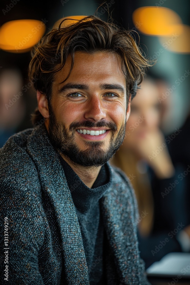 Poster smiling businessman sitting in an office environment displaying a confident demeanor