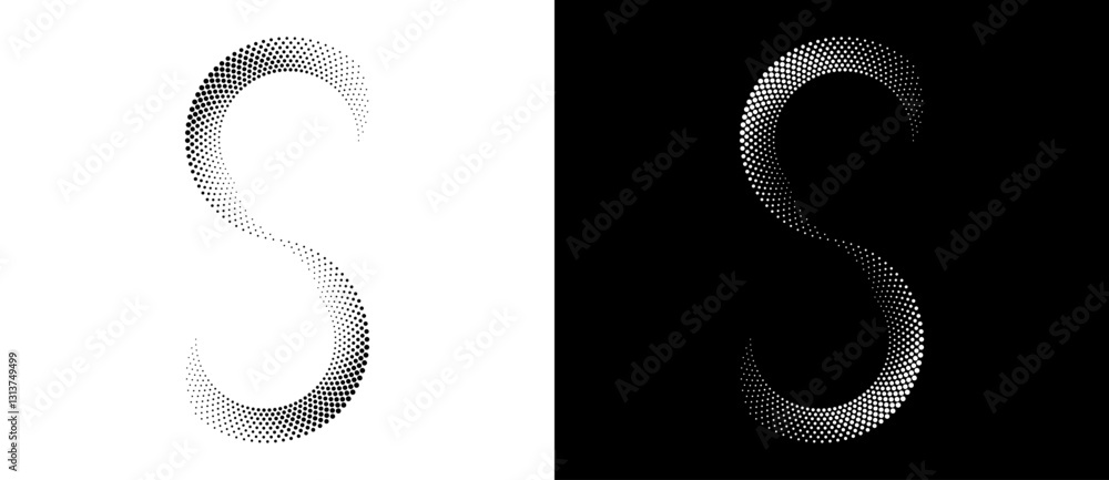 Poster spiral as halftone dotted abstract infinity symbol. black shape s letter on a white background and t
