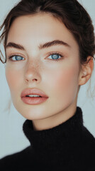 Fototapeta premium Captivating Gaze: An attractive model with stunning blue eyes and natural beauty. A close-up shot of the graceful model captures the essence of elegance.