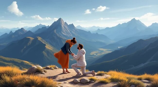 Couple proposing on mountain top