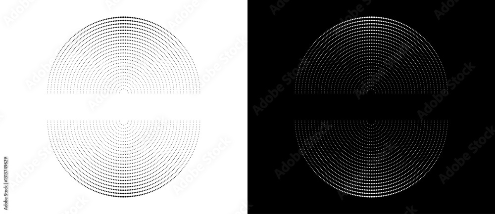 Poster Modern abstract background. Halftone dots in circle form. Spiral logo, icon or design element. Black dots on a white background and white dots on the black side.