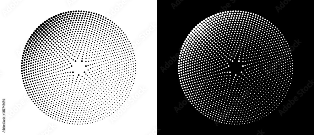 Poster Modern abstract background. Halftone dots in circle form. Spiral logo, icon or design element. Black dots on a white background and white dots on the black side.