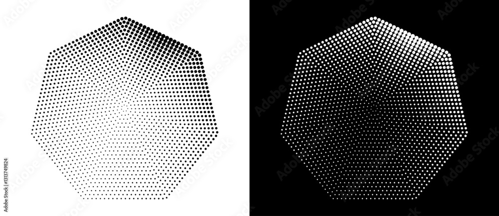 Aufkleber Halftone dots in heptagon form. Logo or icon label. Vector dotted design element. Vector dotted frame. A black figure on a white background and an equally white figure on the black side.
