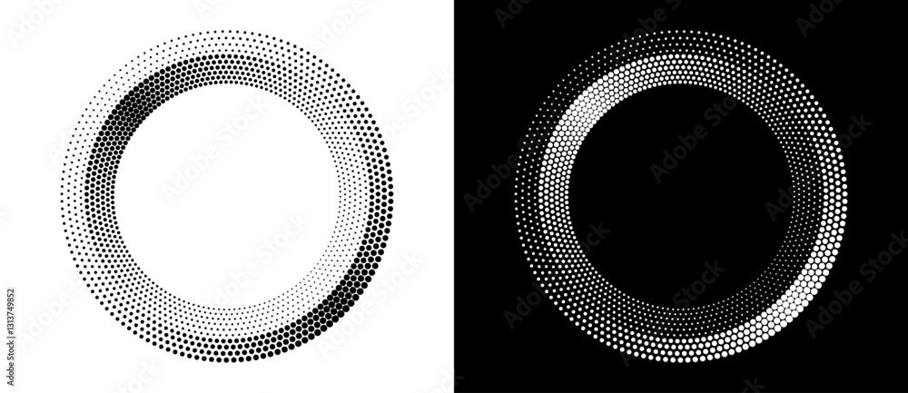 Poster Modern abstract background. Halftone dots in circle form. Spiral logo, icon or design element. Black dots on a white background and white dots on the black side.