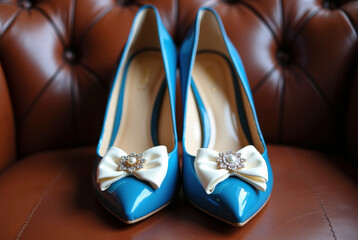 Two blue high-heeled shoes with white bows and rhinestones on a brown leather couch