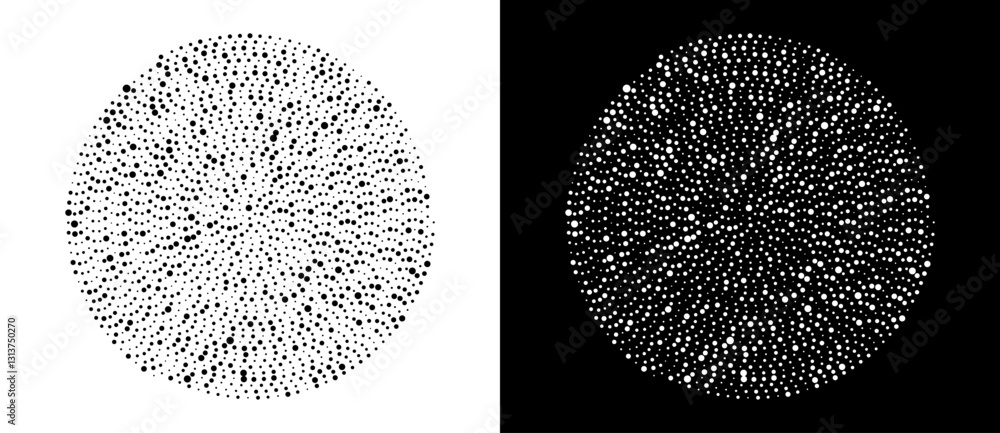 Poster Modern abstract background. Halftone dots in circle form. Round logo, design element or icon. Vector dotted frame. A black figure on a white background and an equally white figure on the black side.