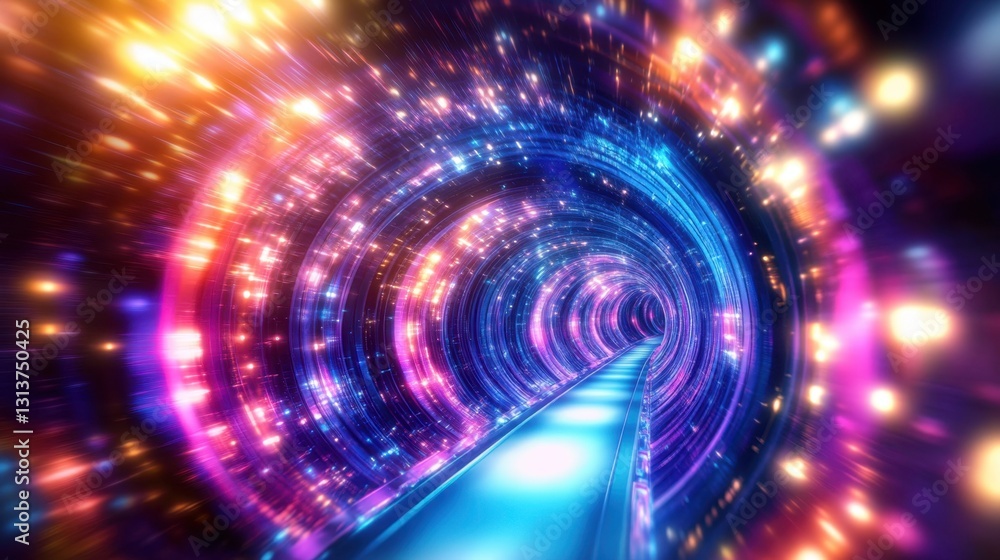 Poster abstract tunnel with vibrant neon lights, glowing lines, and floating particles, creating a sci-fi-i
