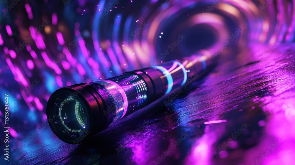 Poster abstract tunnel with vibrant neon lights, glowing lines, and floating particles, creating a sci-fi-i