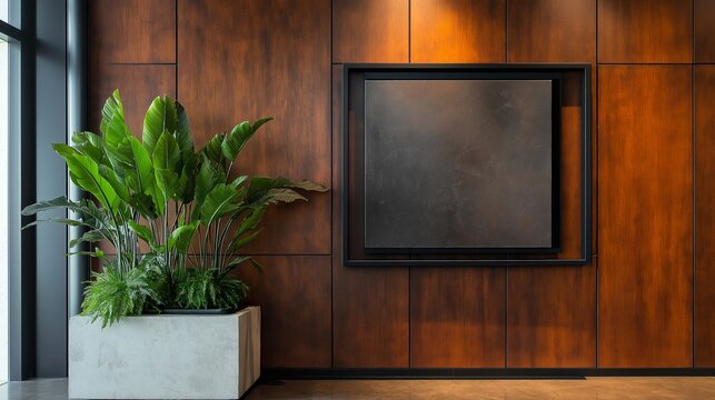A stylish contemporary room featuring a deep brown wooden wall, black metal-framed artwork, and a lush plant in a sleek concrete planter, creating a bold aesthetic.