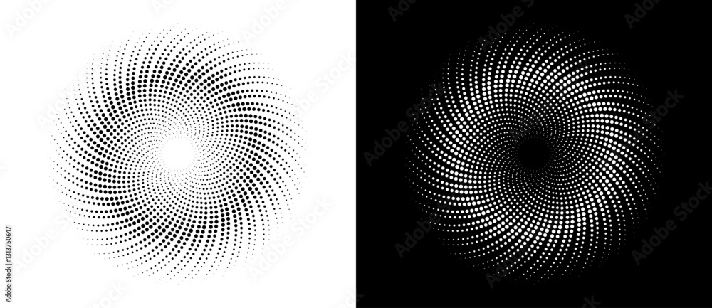 Poster Modern abstract background. Halftone dots in circle form. Spiral logo, icon or design element. Black dots on a white background and white dots on the black side.