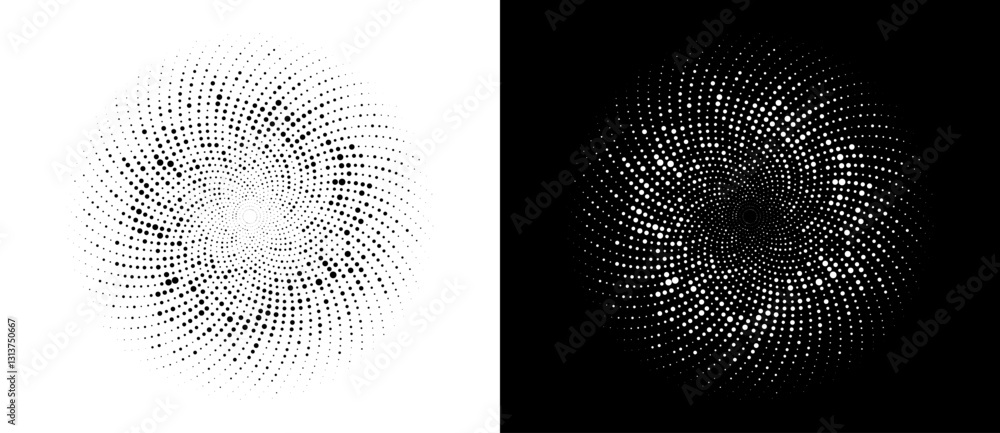 Aufkleber Modern abstract background. Halftone dots in circle form. Spiral logo, icon or design element. Black dots on a white background and white dots on the black side.