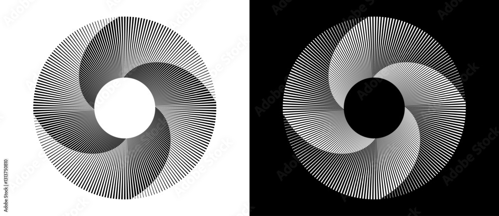 Aufkleber Set of circles with lines. Lines in one color with different thickness. Black spiral on white background and white spiral on black background. Dynamic design element, logo or icon.
