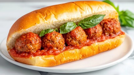 Delicious meatball sub on plate featuring rich tomato sauce and fresh basil vibrant culinary delight