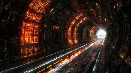 Abstract underground railroad adventure illuminated industrial cityscape transportation system urban exploration futuristic path ahead