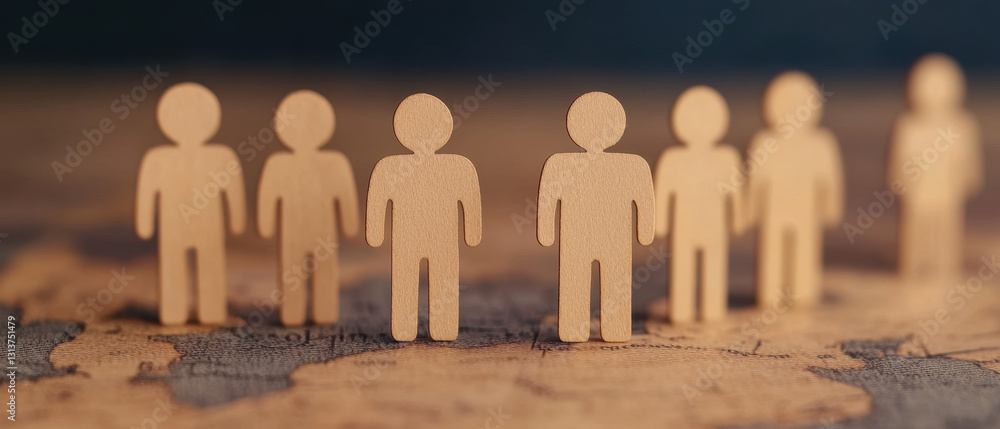 Poster symbolic teamwork concept with cutout people figures on map, representing collaboration and unity. t