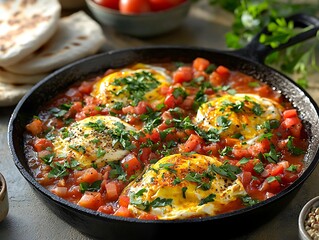 Shakshuka skillet, eggs, tomatoes, herbs