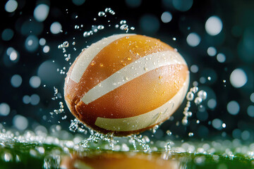 Close up of a classic rugby ball spinning with water droplets for sports design and dynamic motion concepts