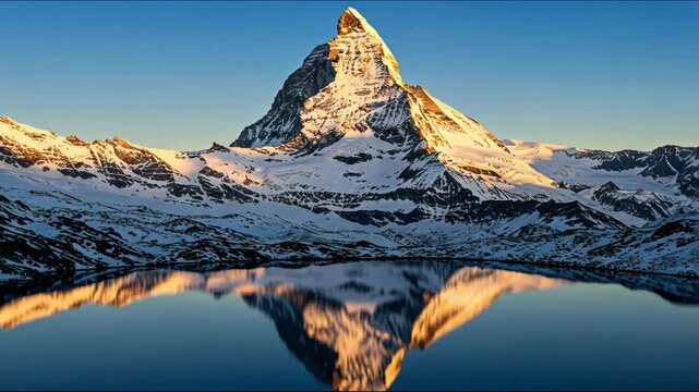 Stunning view of the Matterhorn reflected in a serene lake at sunset