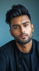 Obraz premium Confident Portrait: A charismatic man with striking features and a composed expression. This headshot exudes strength, charm and self-assurance.